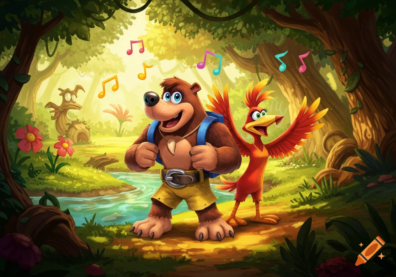 Banjo and Kazooie, a bear and a bird, stand smiling in a vibrant, sunlit cartoon forest with musical notes.