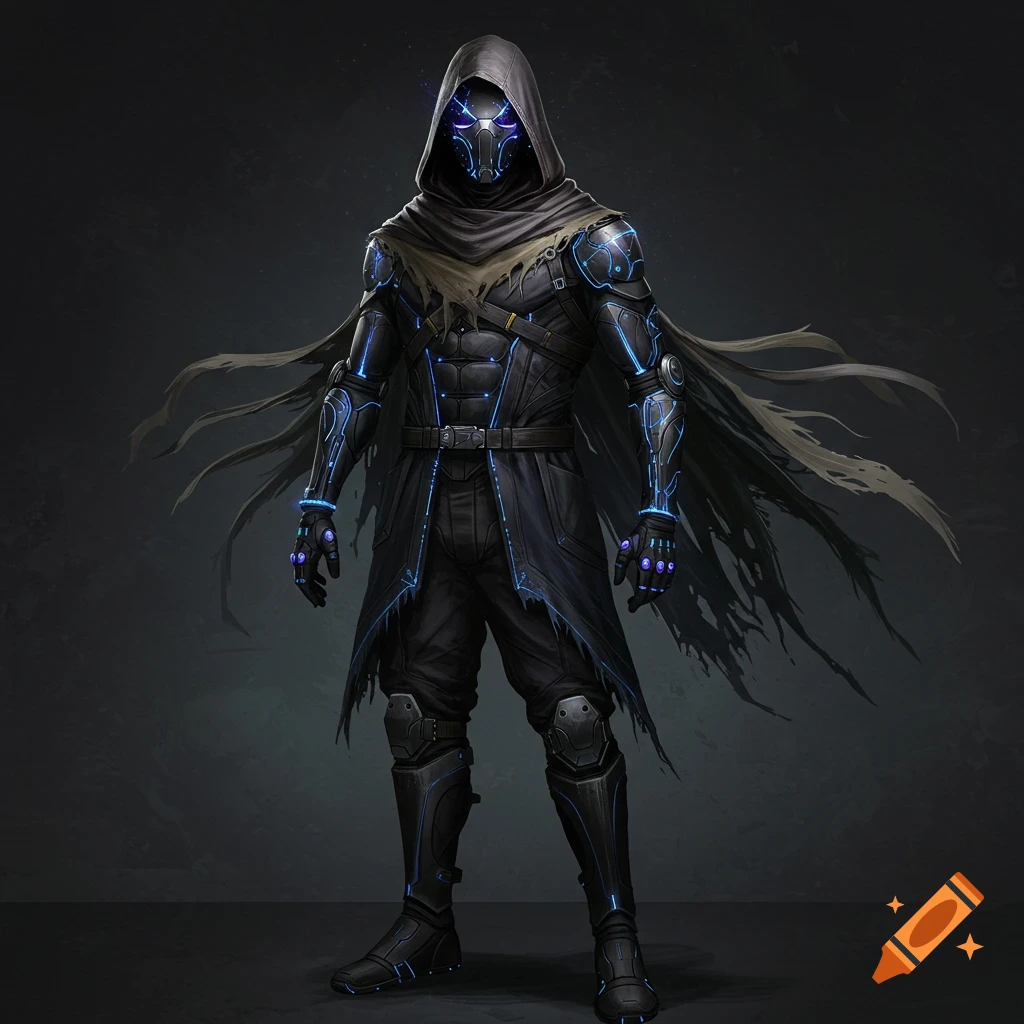 A mysterious dark hero in a shadowy hood with a tattered cloak, sleek black mask, and glowing blue futuristic combat suit. Digital art.