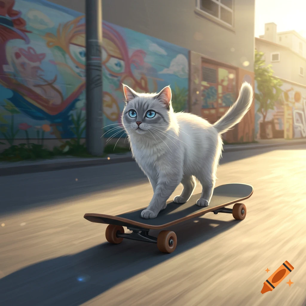 A light grey cat with blue eyes skateboards down a sunlit street past a colorful graffiti mural.