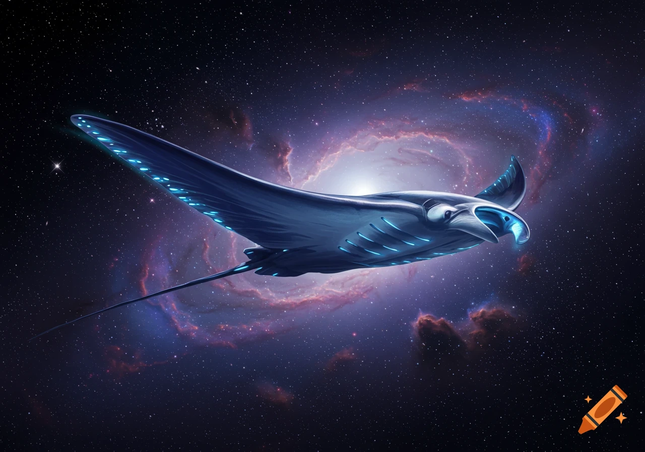 A futuristic manta ray-shaped spaceship with glowing blue accents soars through a starry galaxy with a vibrant purple and red nebula.