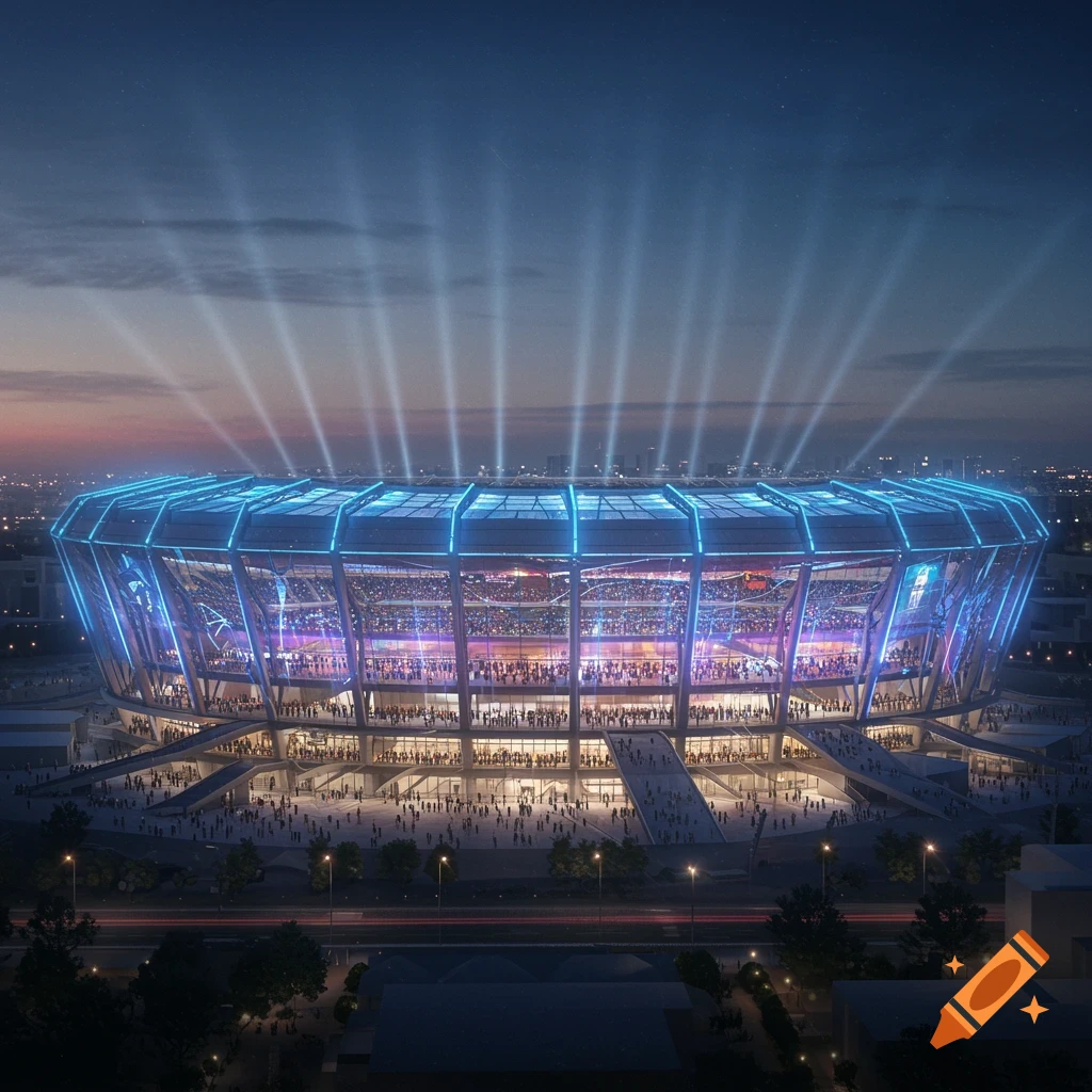 A futuristic stadium at night, illuminated by blue and purple lights, with crowds and searchlights pointing upwards.