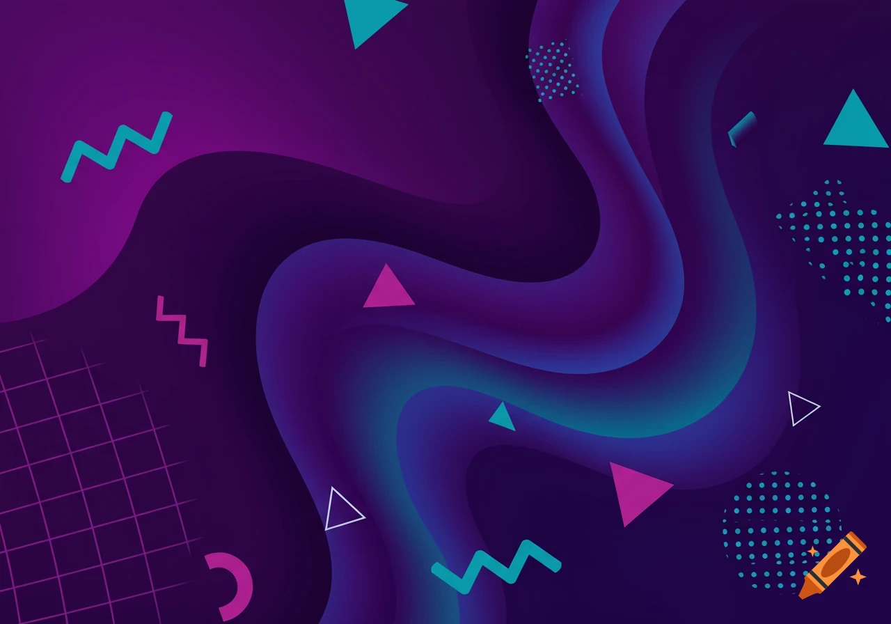 Abstract retro 90s background with wavy purple and teal gradients and scattered geometric shapes.
