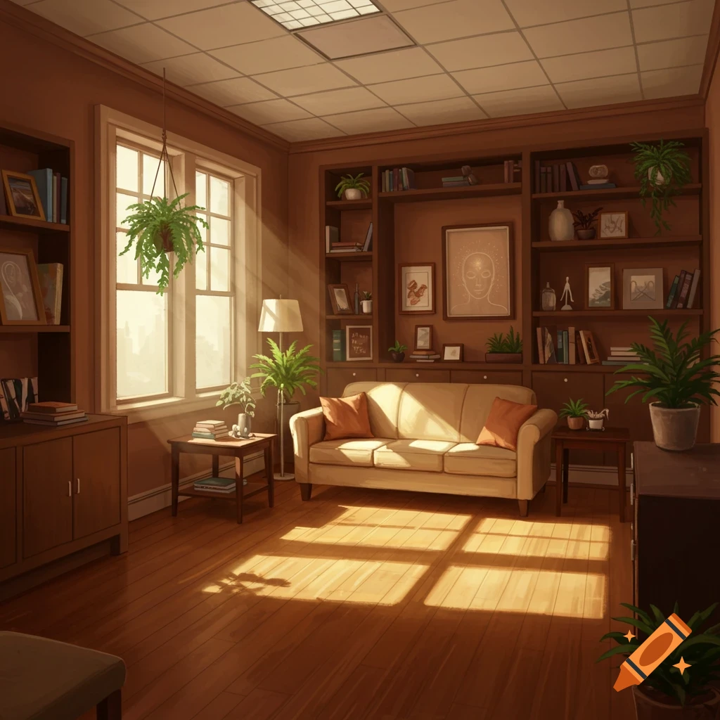 An inviting, warm-toned counseling office with a beige couch, wooden bookshelves, and various potted plants. Sunlight streams through a large window, creating bright patterns on the wooden floor. The style is a detailed digital illustration.