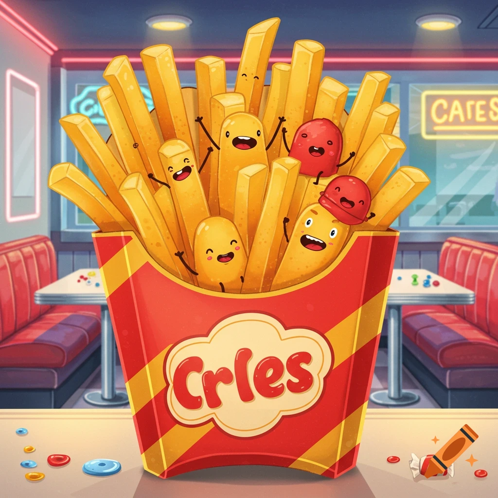 Cartoon of happy anthropomorphic french fries and two red characters in a fry box on a diner counter.