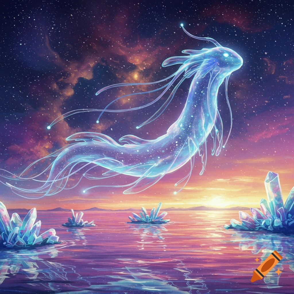 An ethereal, glowing blue creature floats above a purple lake with shimmering crystals, under a cosmic, starry sunset sky.