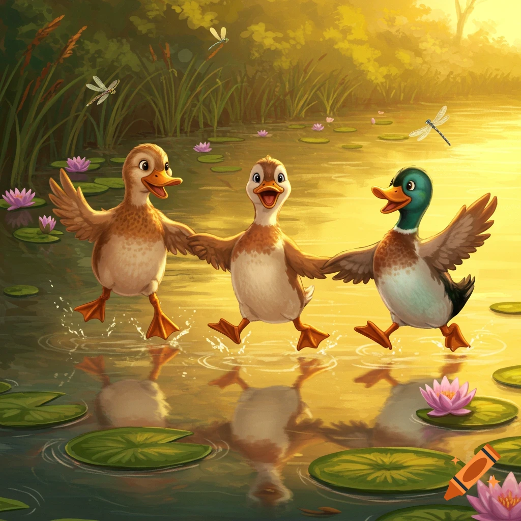 Three cartoon ducks, two brown and one with a green head, happily skip through a sunny pond filled with lily pads and pink water lilies.
