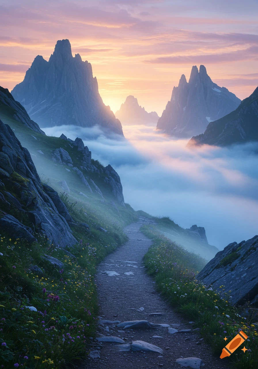 A winding mountain path through a misty valley at sunrise, surrounded by jagged peaks and wildflowers.