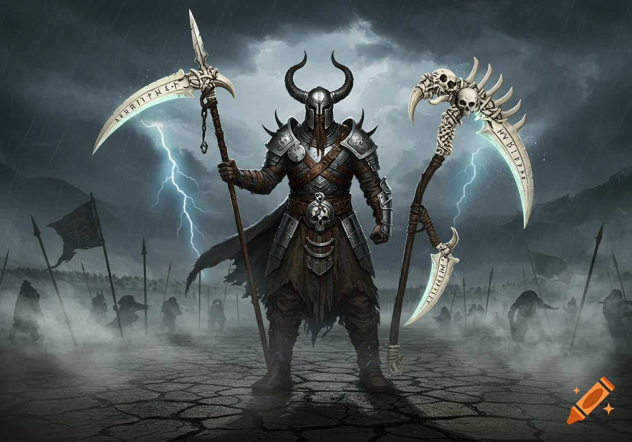 A heavily armored fantasy warrior with horned helmet stands on a cracked battlefield under a stormy, lightning-filled sky, holding two large bone scythes.