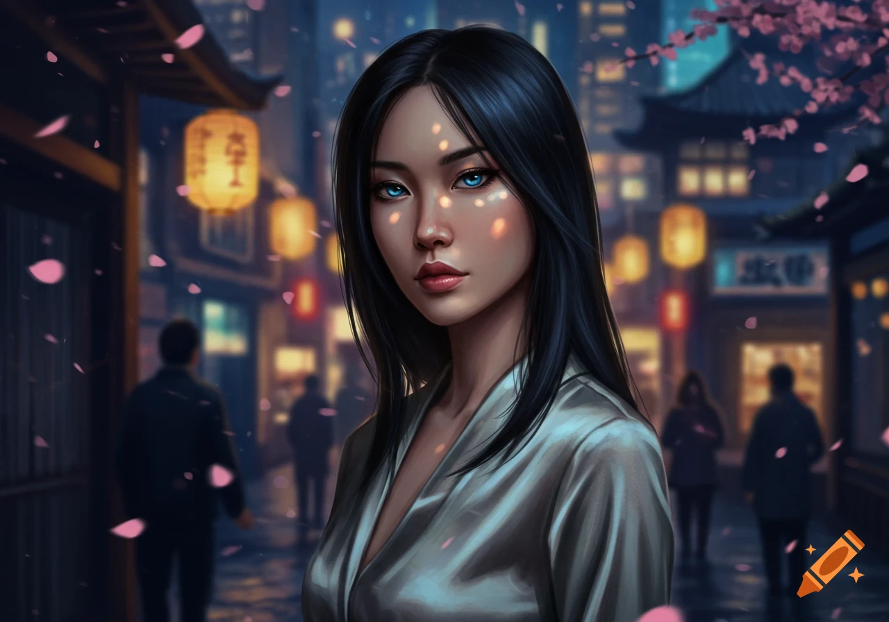 A portrait of a woman with black hair and blue eyes, standing in a softly lit traditional Japanese street with cherry blossoms falling.