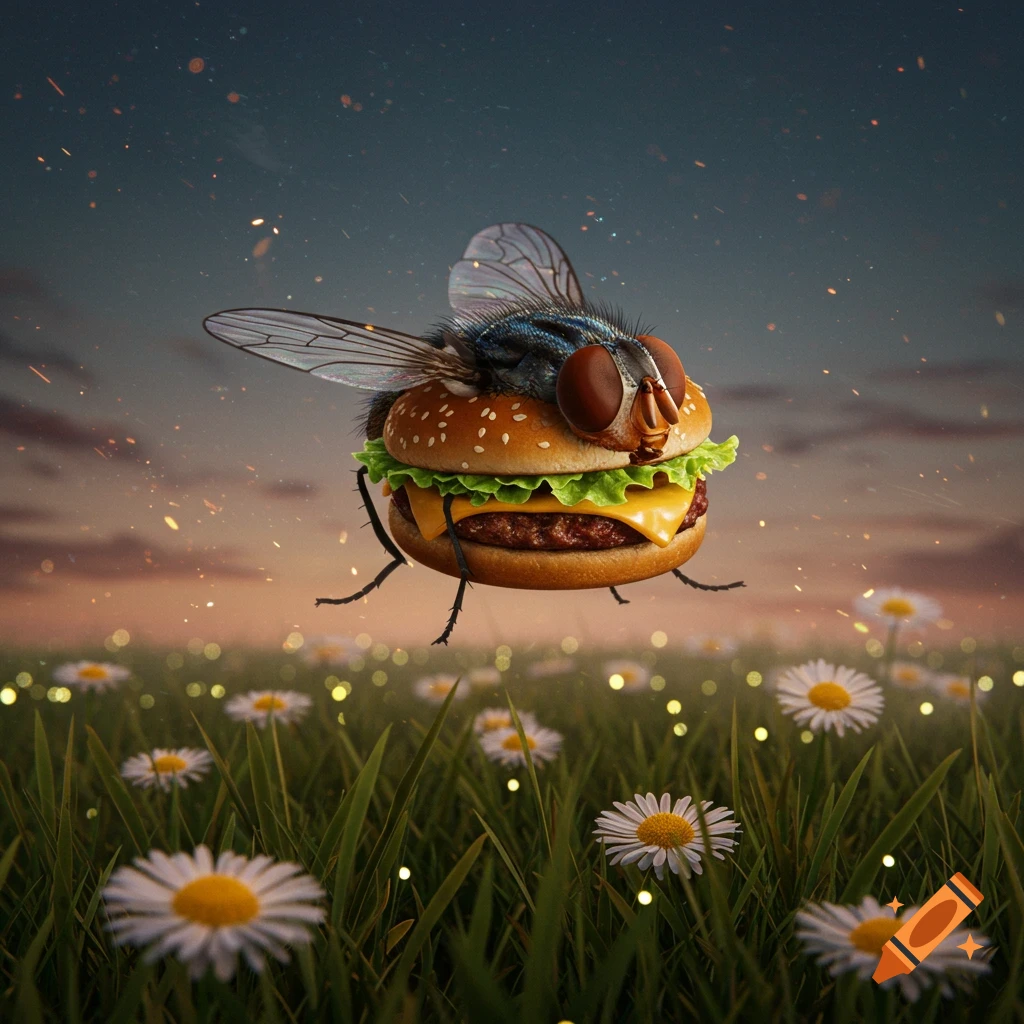 A photorealistic image of a hamburger with the head, wings, and legs of a fly, hovering over a field of white daisies at sunset.