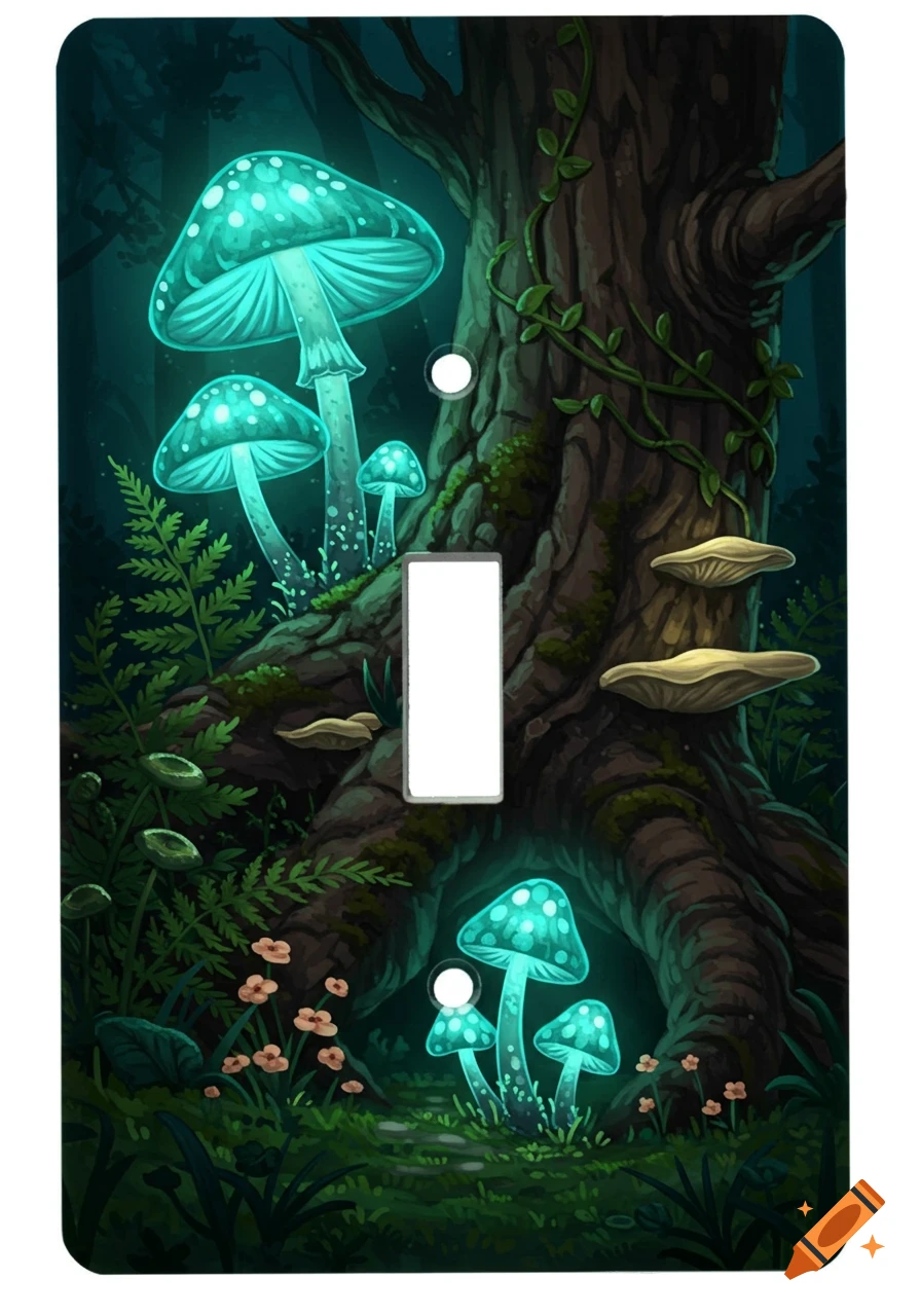 Fantasy illustration of a glowing mushroom forest on a light switch cover.