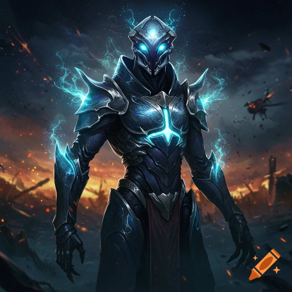 A glowing futuristic warrior in dark blue armor with bright eyes stands in a battle-scarred landscape under a stormy sky, digital art.