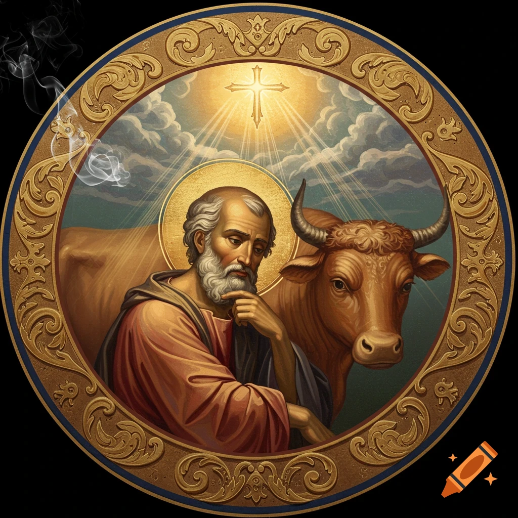 A circular religious painting of a bearded St. Luke pondering beside an ox, with a cross radiating light above.