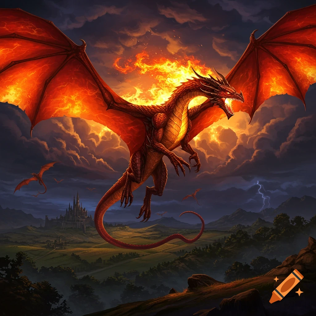 A large, red dragon with fiery wings flies above a stormy landscape with a castle and distant lightning, under a dramatic, blazing sky.