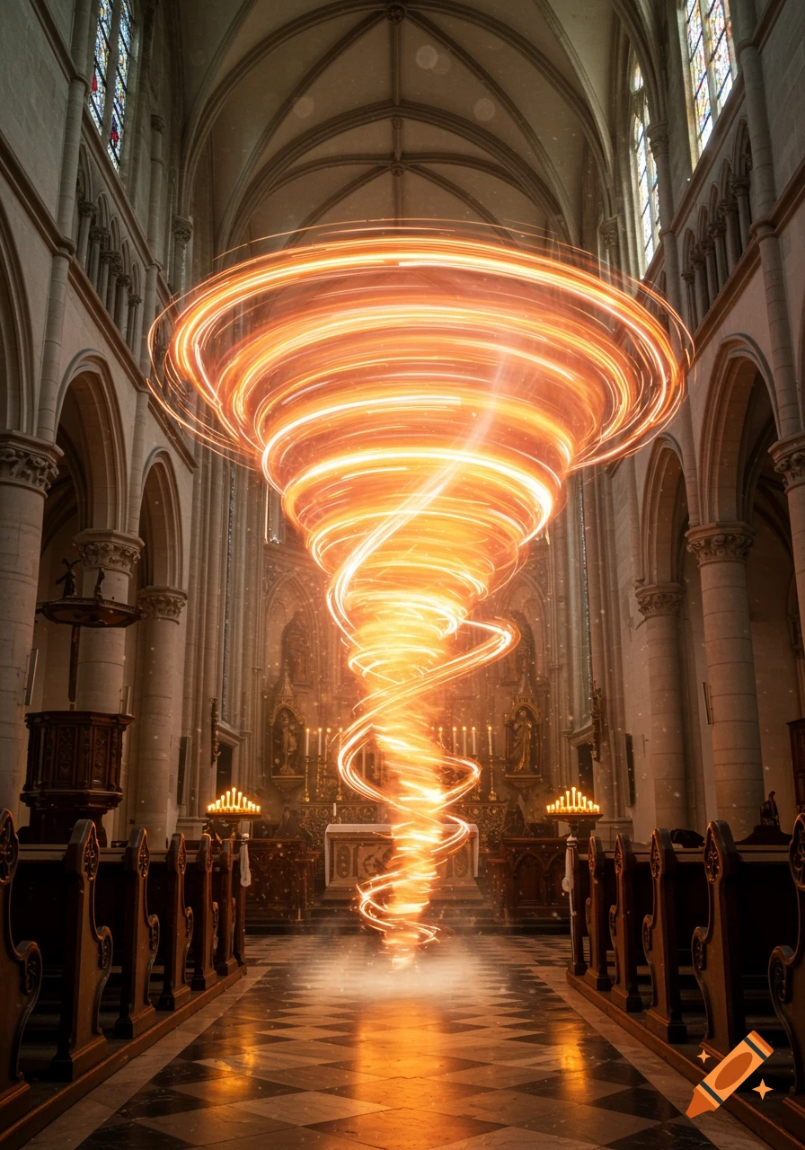 A glowing orange light vortex spins inside a grand church with high ceilings and stained-glass windows.