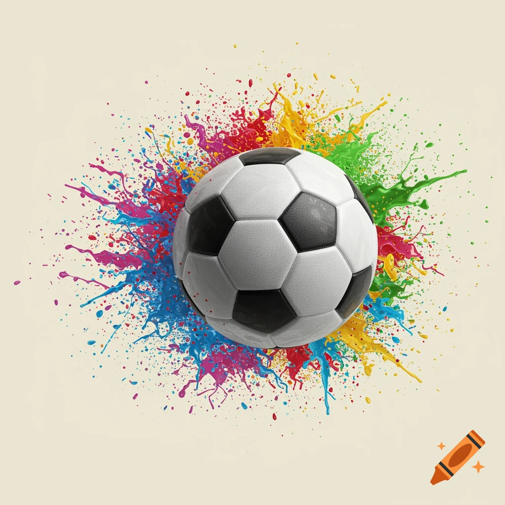A black and white soccer ball surrounded by colorful paint splashes.