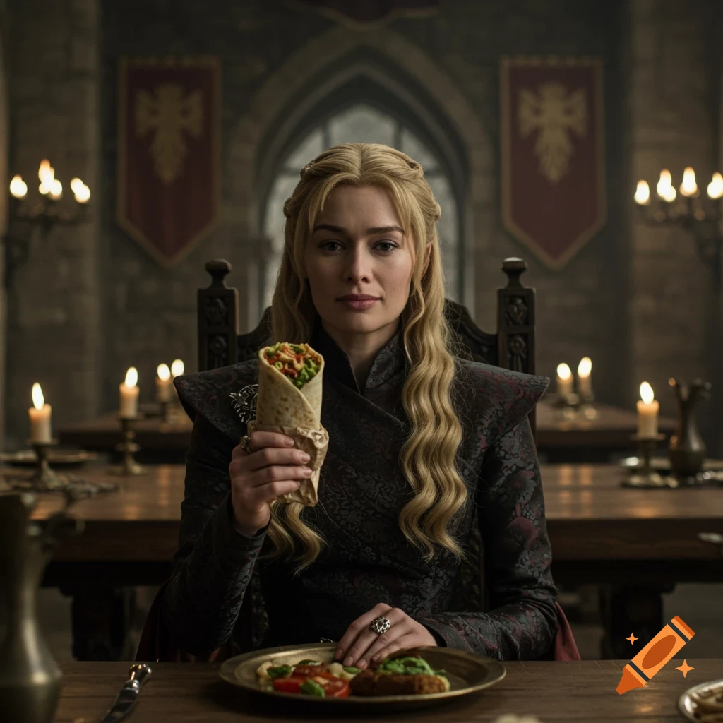Cersei Lannister sits at a long table in a medieval hall, holding up a burrito.