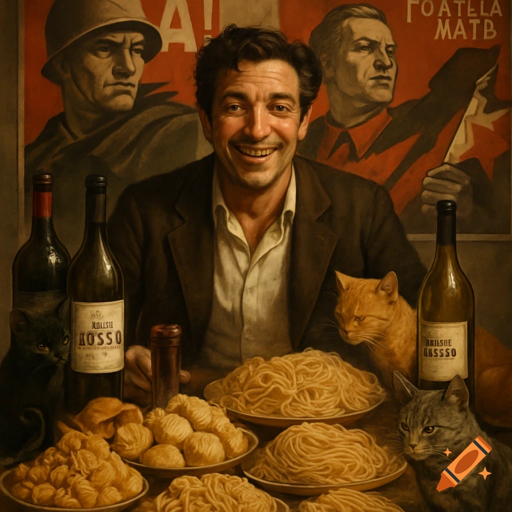 A smiling Italian man sits at a table laden with pasta, wine bottles, and cats, against a backdrop of Soviet propaganda posters.