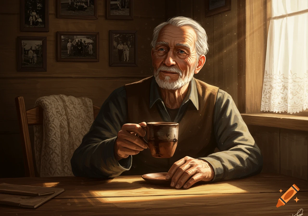 An old man with a white beard sits at a wooden table, holding a coffee cup. Sunlight streams through a window.
