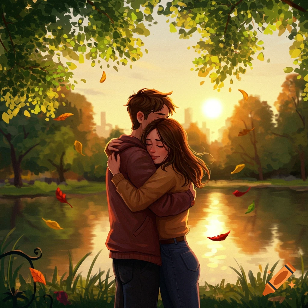 Illustration of a couple hugging by a lake at sunset in a park with falling leaves.