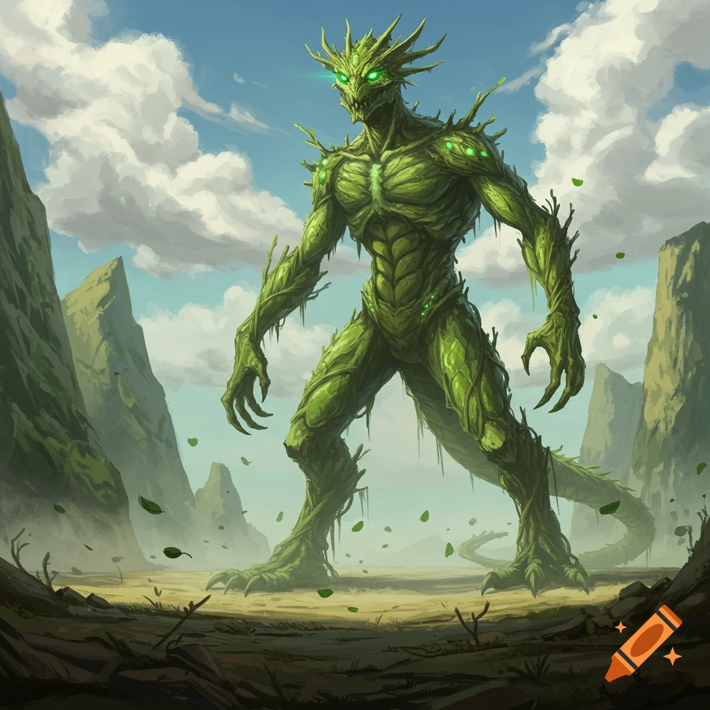 A large green plant monster with glowing eyes stands in a barren, rocky landscape under a cloudy sky.