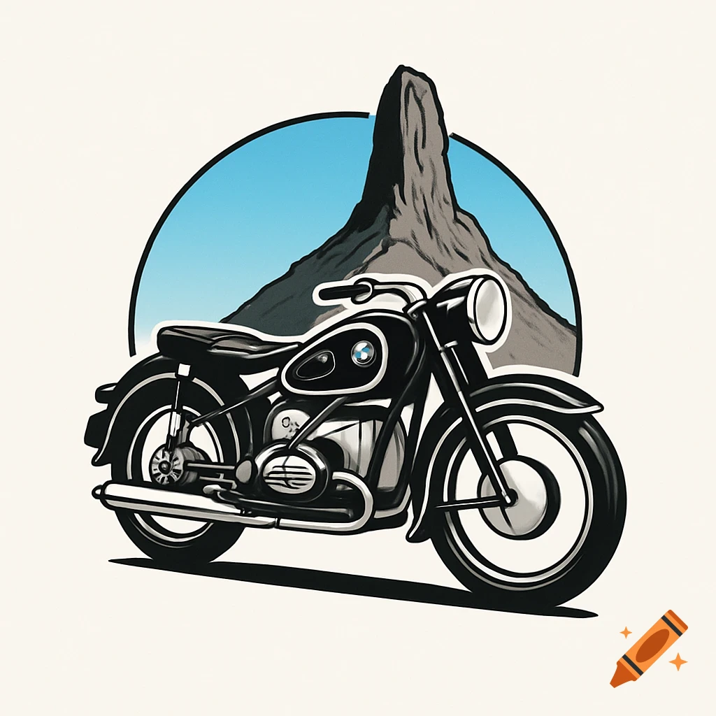 A stylized illustration of a black BMW motorcycle in front of a jagged mountain, set within a circular blue sky as a logo.