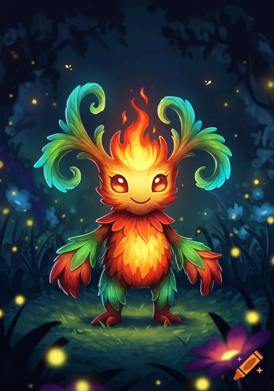 A cute, stylized creature with fiery orange and green feathery scales, large glowing eyes, and plant-like antlers stands in a dark, glowing forest.