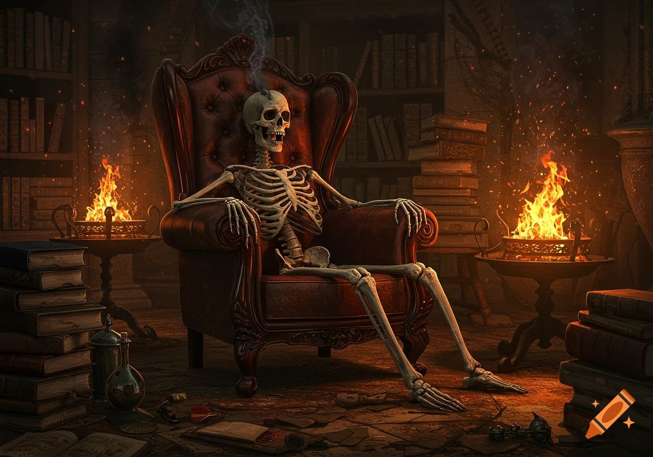 A skeleton sits in a large, ornate red leather armchair in a dark, atmospheric library filled with books and glowing fires.