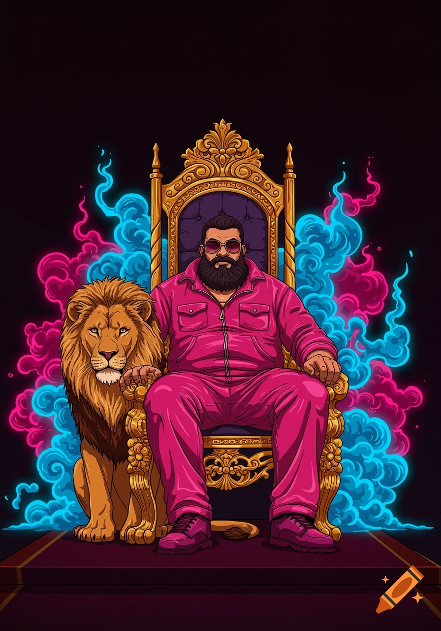 A cartoon bearded man in a pink jumpsuit sits on a golden throne with a lion, surrounded by neon smoke.