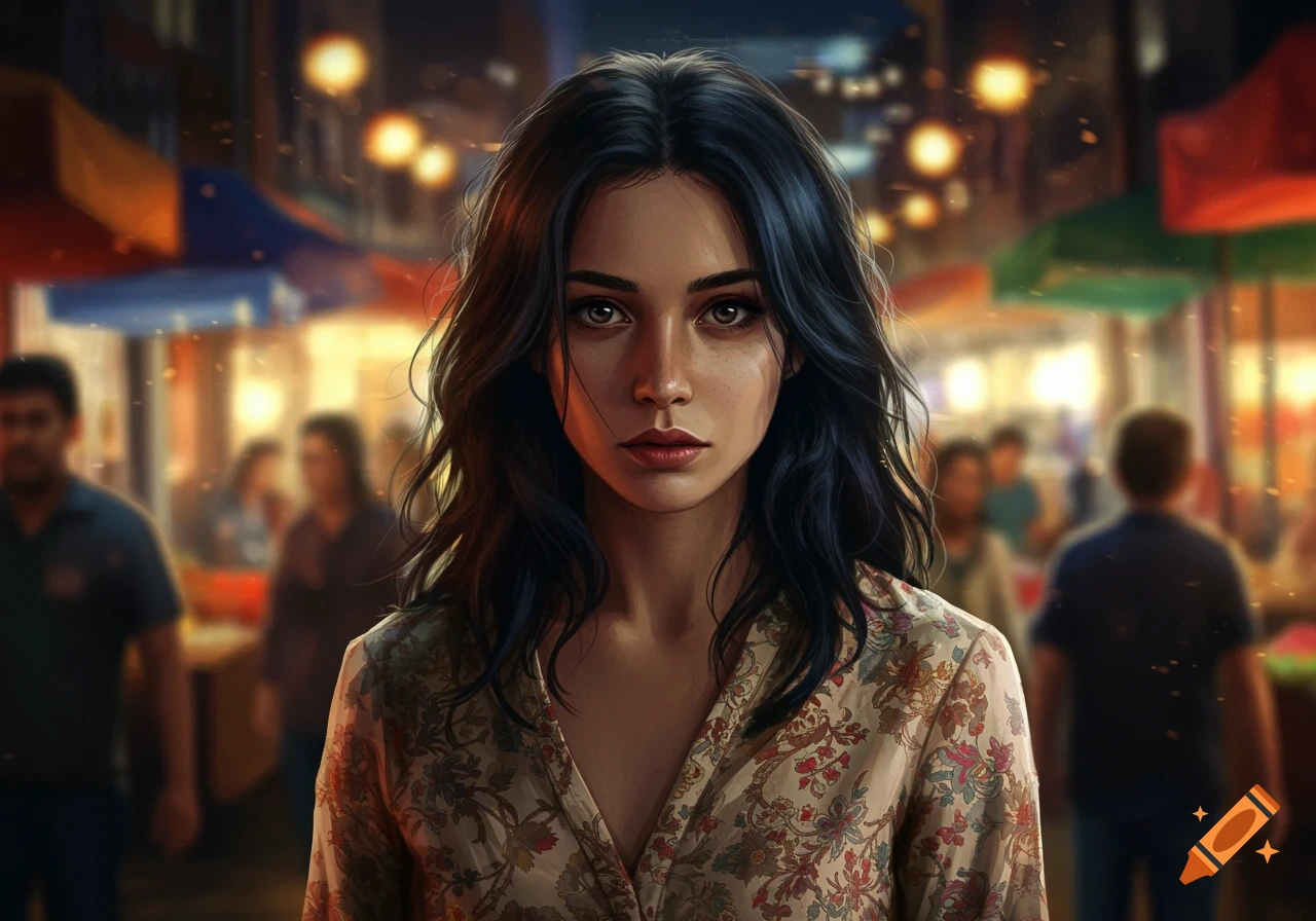 A photorealistic digital portrait of a woman with dark hair in a bustling, blurred night market.