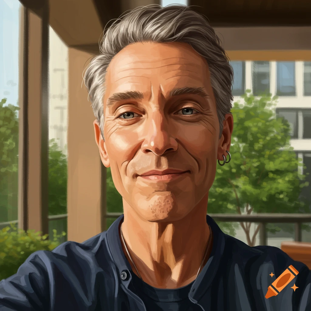 Close-up digital art portrait of a smiling middle-aged man with graying hair against a blurred outdoor background.