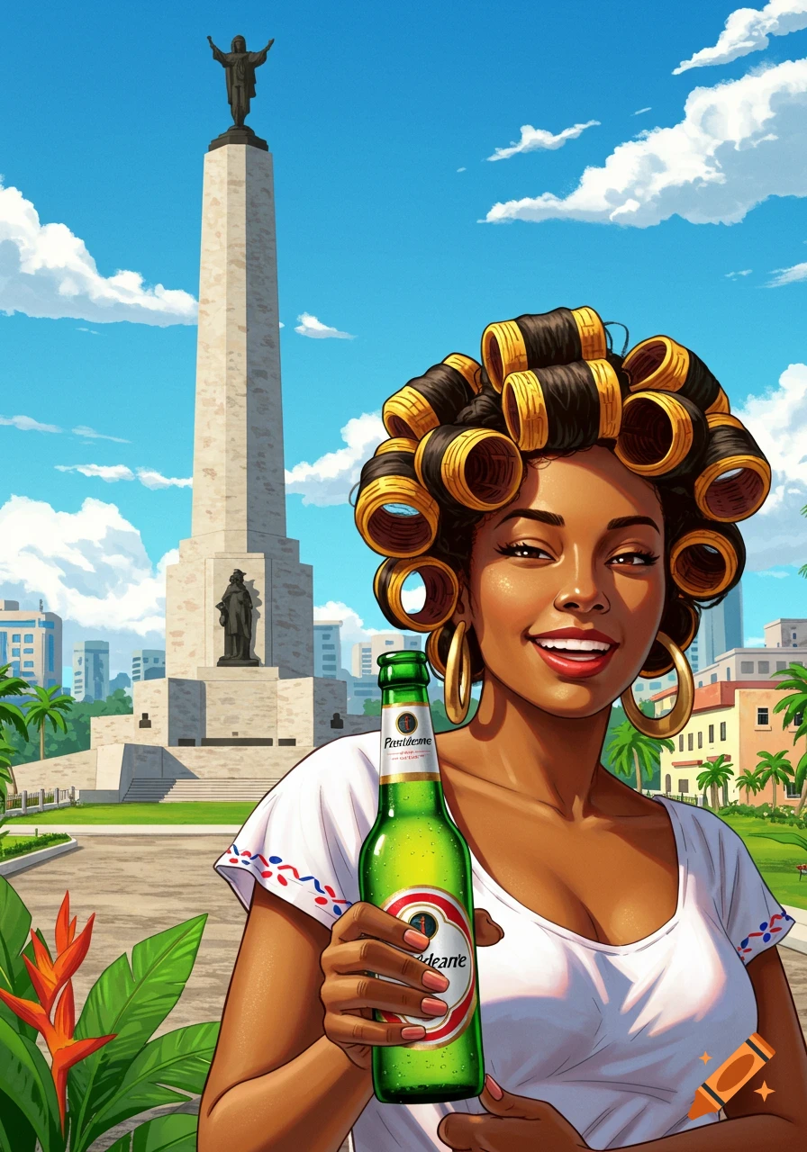 An illustration of a woman with hair rollers holding a green beer bottle, with a tall monument and blue sky in the background.