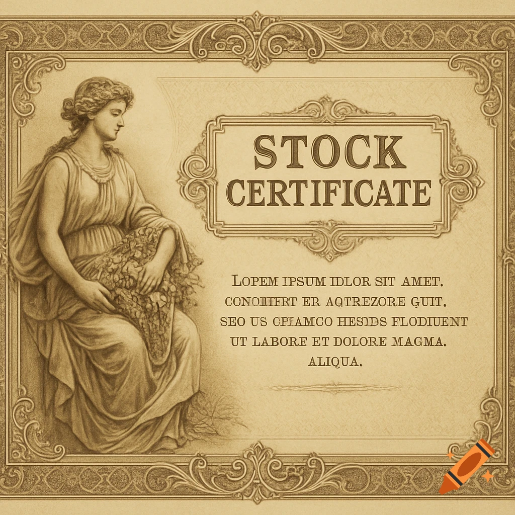 Sepia-toned vintage stock certificate with an ornate border and a classical drawing of a woman holding flowers.