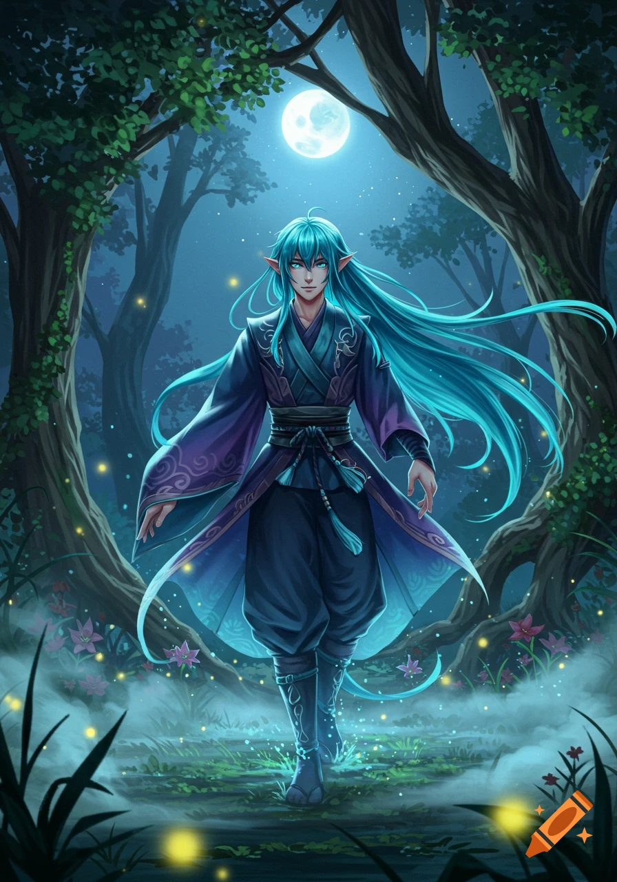 Anime-style fantasy male elf with long blue hair in a dark, mystical forest under a full moon, walking through mist and fireflies.