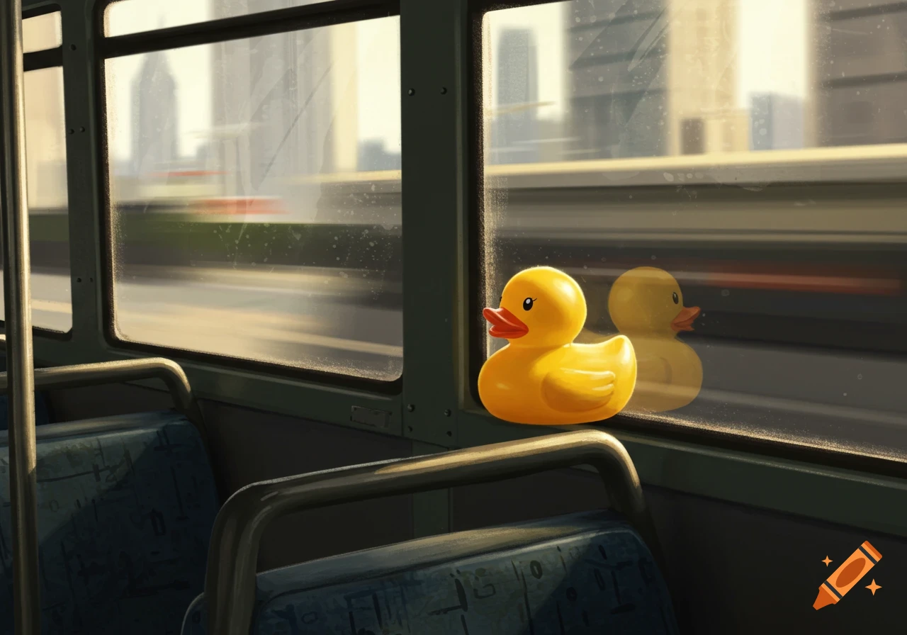A yellow rubber duck sits on a bus window ledge, looking out at a blurry cityscape. Bus interior, seats, and metal bars are visible. Digital art.