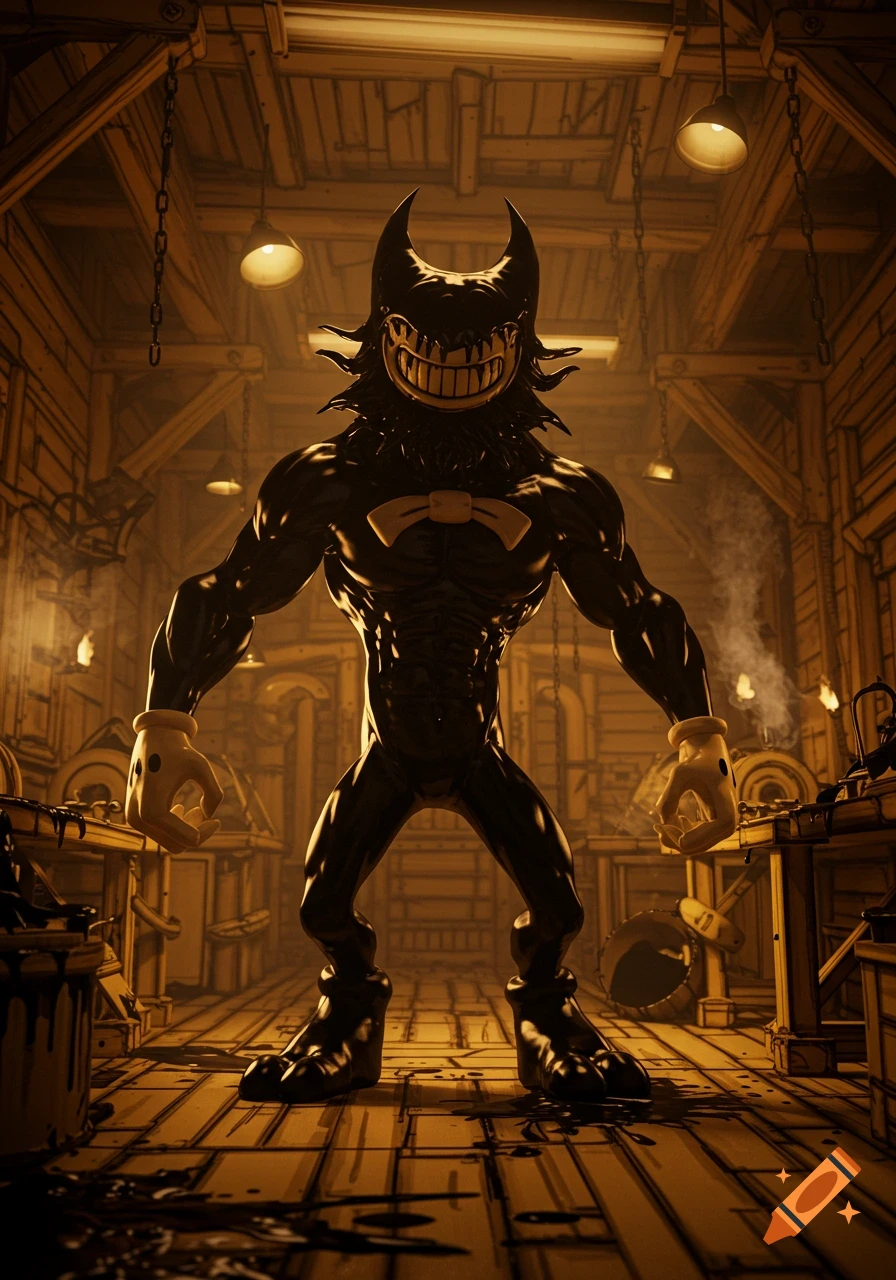 A buff, shadowy Beast Bendy monster with a wide, toothy grin stands in a creepy, dilapidated ink machine workshop.