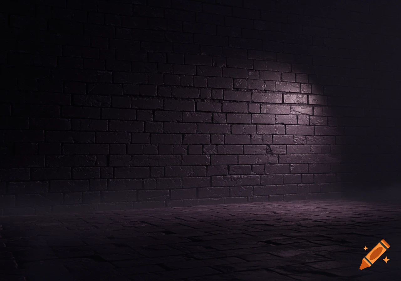 A dimly lit dark purple brick wall and floor, illuminated by a spotlight.