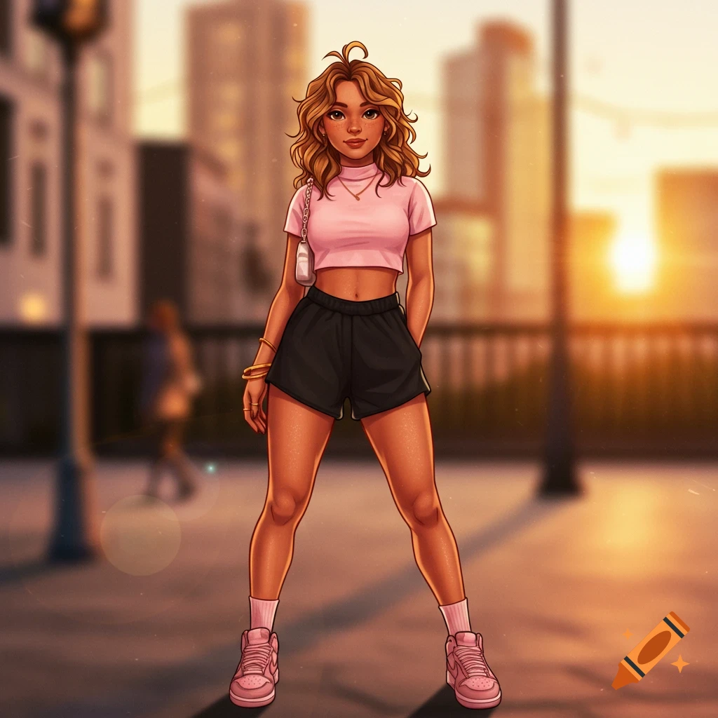 Cartoon woman with wavy brown hair in pink crop top, black shorts, and pink sneakers stands in an urban setting at sunset.