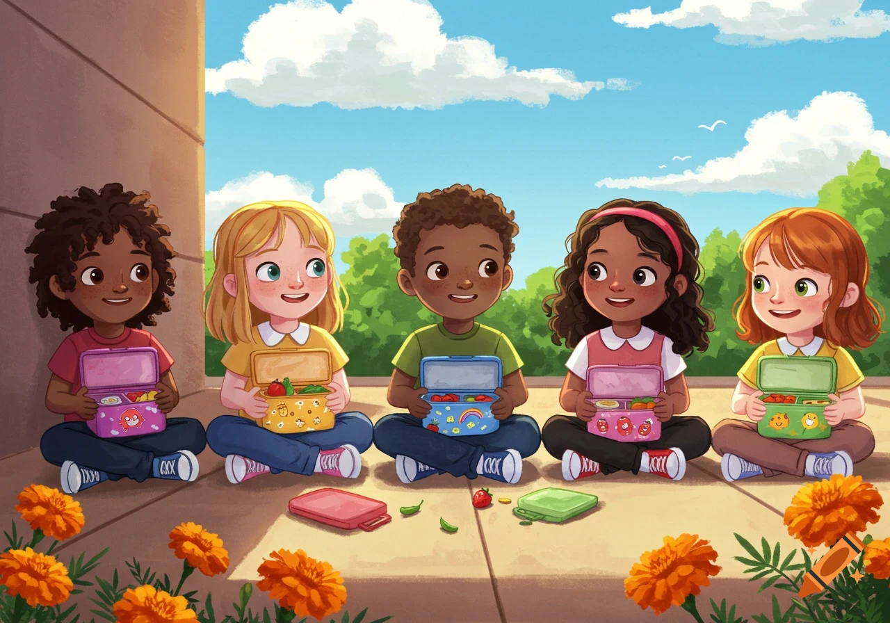 Five diverse children, depicted in a bright cartoon style, sit outdoors with open lunchboxes filled with healthy food.