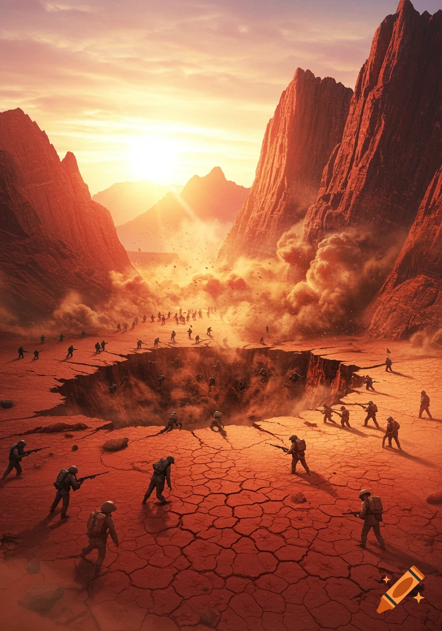 Soldiers fight amidst an earthquake in a vast desert canyon at sunset, with a large chasm splitting the ground.