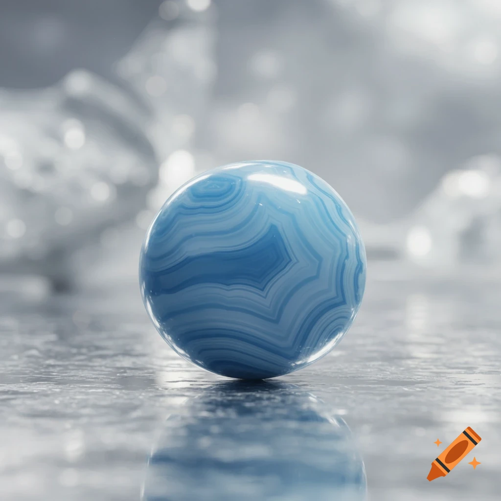 A glossy blue agate sphere with white swirling patterns on a reflective grey surface.