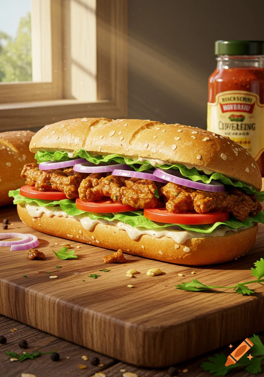 A photorealistic close-up of a large sub sandwich filled with brown meat, lettuce, red onions, and tomato slices on a wooden cutting board. A sauce bottle is in the background.
