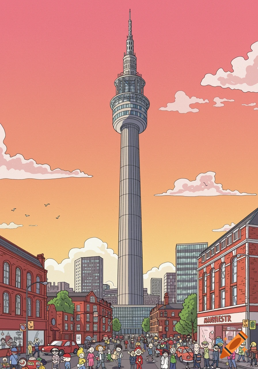 A tall grey tower stands over a bustling cartoon street with red brick buildings under an orange and pink sunset sky.
