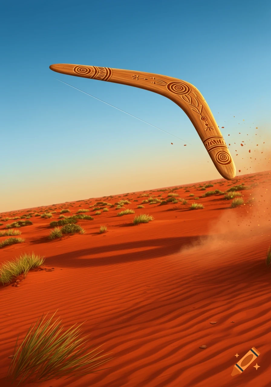 A wooden boomerang with tribal markings soaring over a red sand desert with sparse green bushes under a clear blue sky.