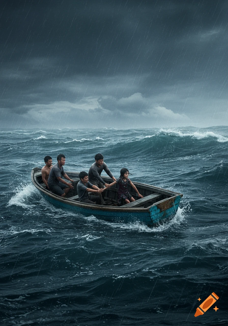 Photorealistic image of several people in a small boat navigating rough, stormy seas with rain falling.