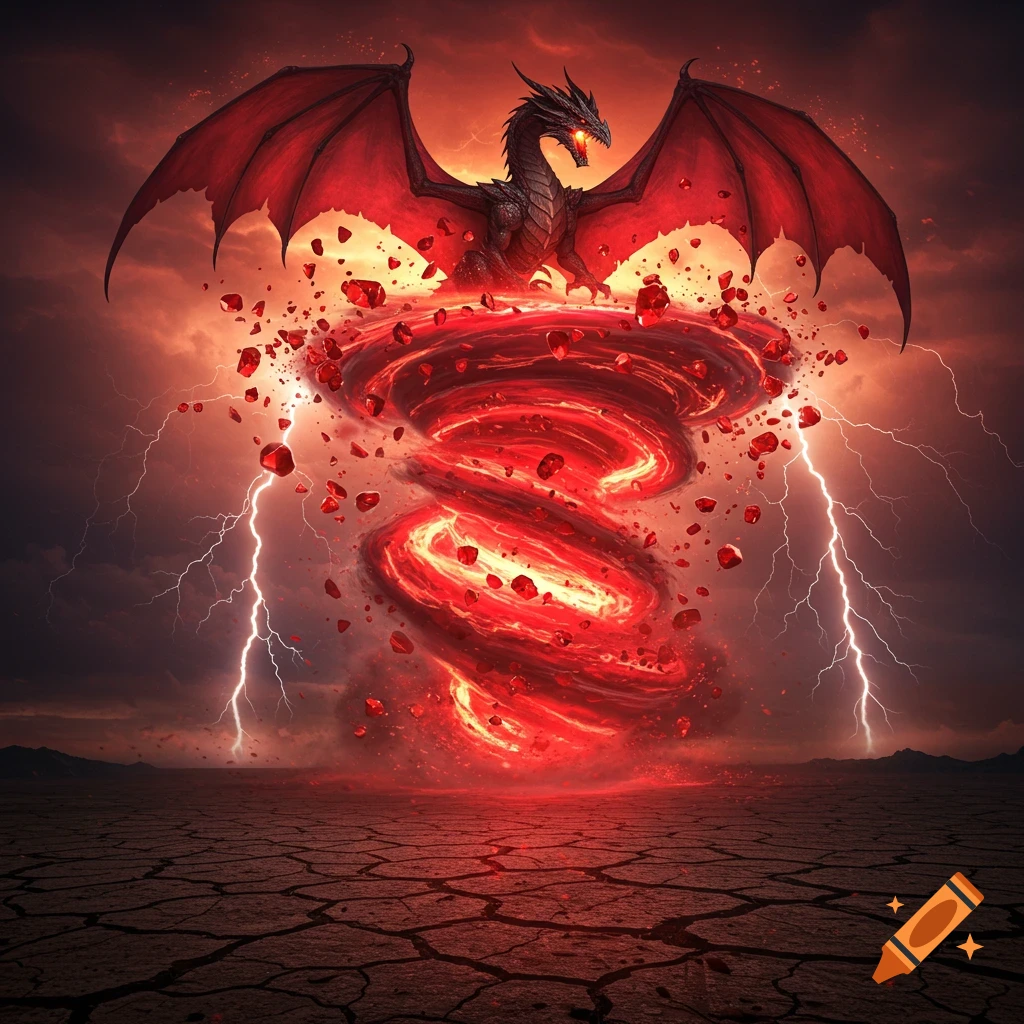A menacing red dragon emerges from a swirling red ruby tornado with lightning striking around it, over a cracked desert landscape.