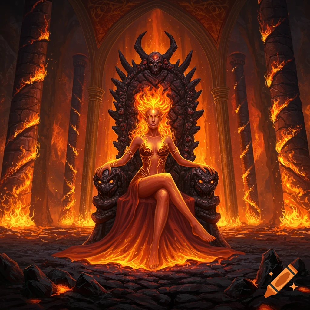 A fire goddess with glowing skin and fiery hair sits on a horned throne in a dark, flame-filled fantasy hall.