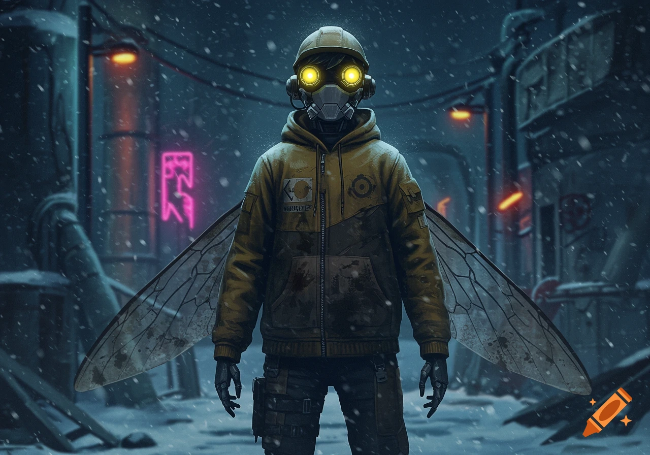 A humanoid worker drone with glowing yellow eyes, a gas mask, a yellow hoodie, and insect-like wings stands in a snowy, abandoned industrial wasteland with dim neon lights in a cinematic sci-fi horror style.