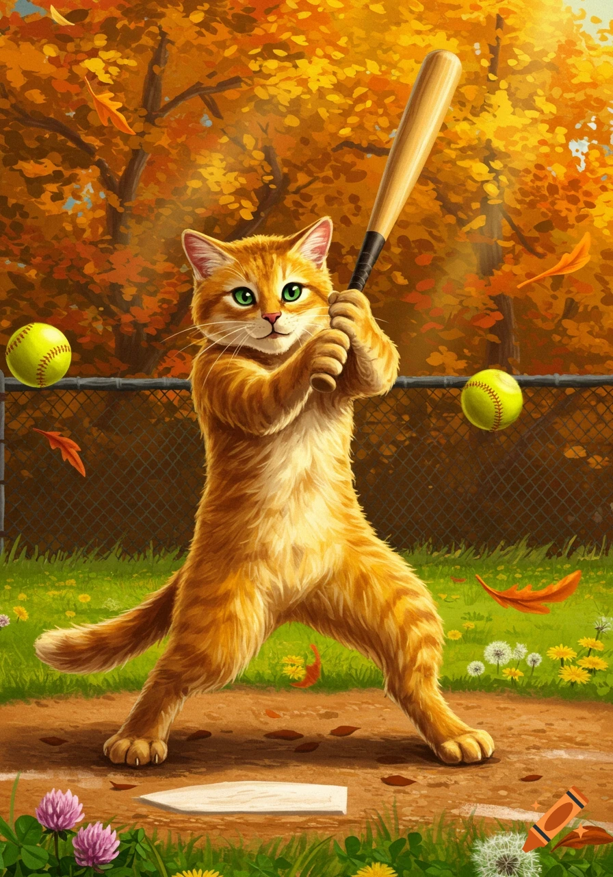 A ginger cat in a baseball stance holds a bat on a field, with autumn trees and softballs in the background.