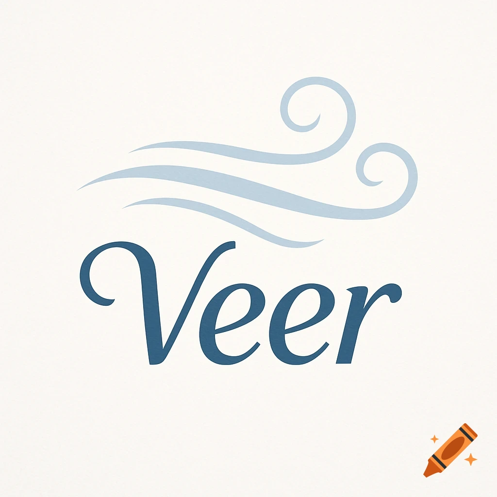 Blue and light blue logo with the word 'Veer' in a script font below wavy lines representing wind on a white background.